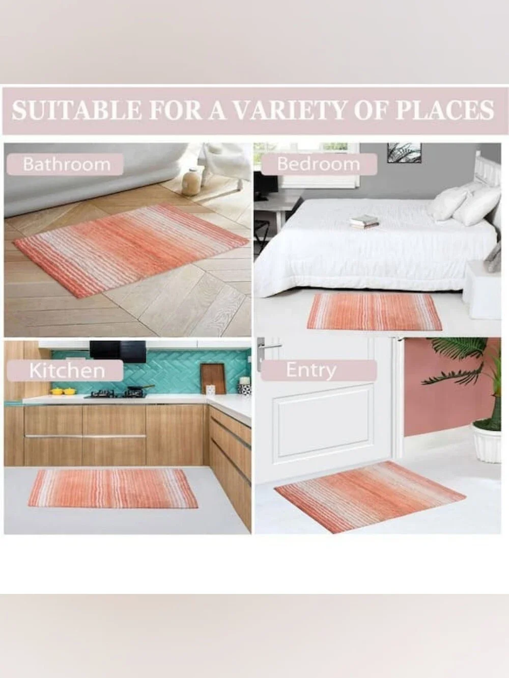 🆕 2 Rugs Home Weavers Orange Coral Striped Bath Mat - Plush Non-Slip 34x21